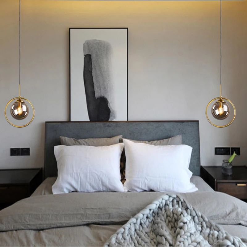 

Nordic restaurant single head metal ring pendant lights modern living room bedroom bedside glass ball hanging lamp