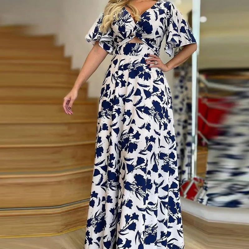 

Женское прямое длинное платье с V-образным вырезом и коротким рукавом