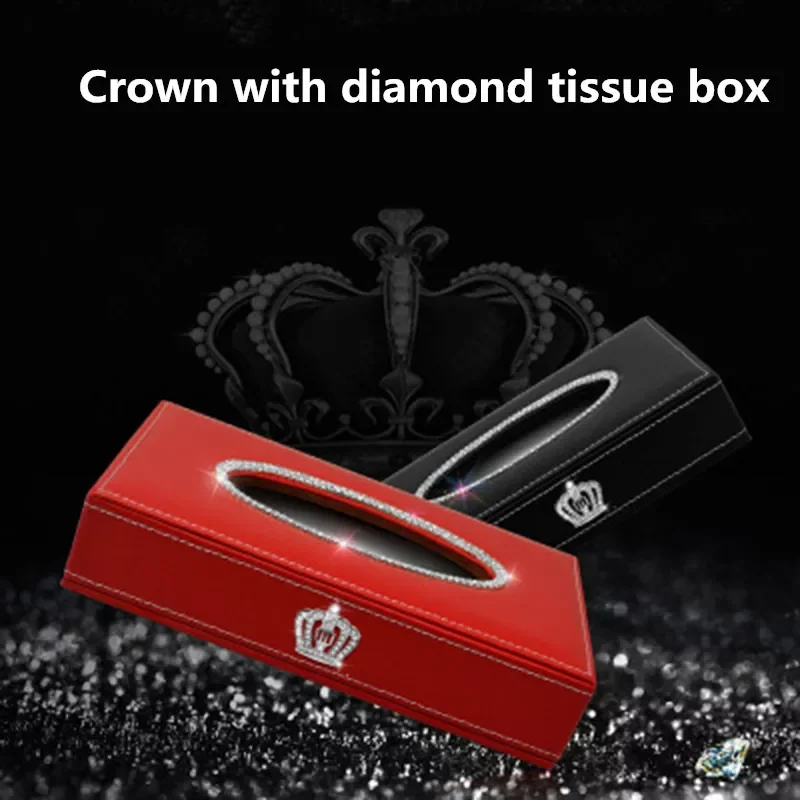 

Crown Car Tissue Box square Cover Holder Ladycrystal Rhinestone Artificial Leather Red Block Type Paper Storage Case