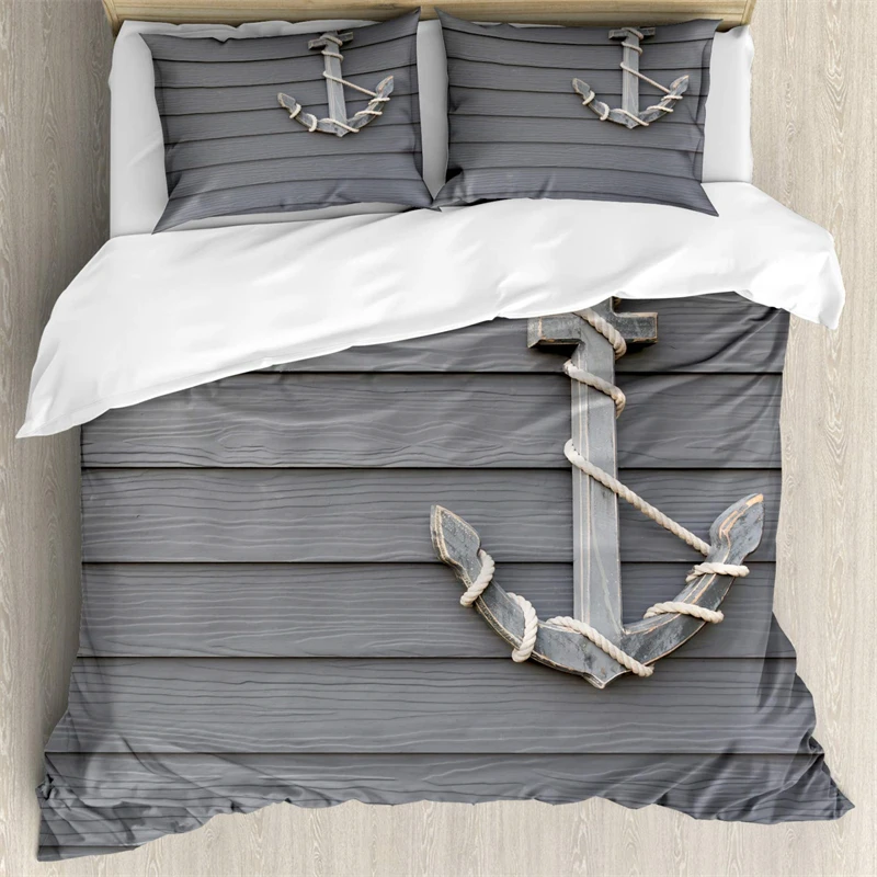 

Anchor Duvet Cover Set Wooden Marine Shapes on The Wall Antique Navy Nature Adventure Themed Art Work Print Shams King Size Grey