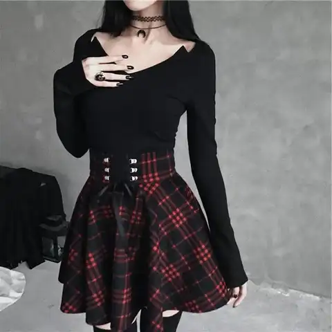 Women's Gothic Black Checkered Skirt Women Pleated Plaid Skirts Spring Autumn Girl Hip Hop Female Punk Goth Mini Skirt Clubwear