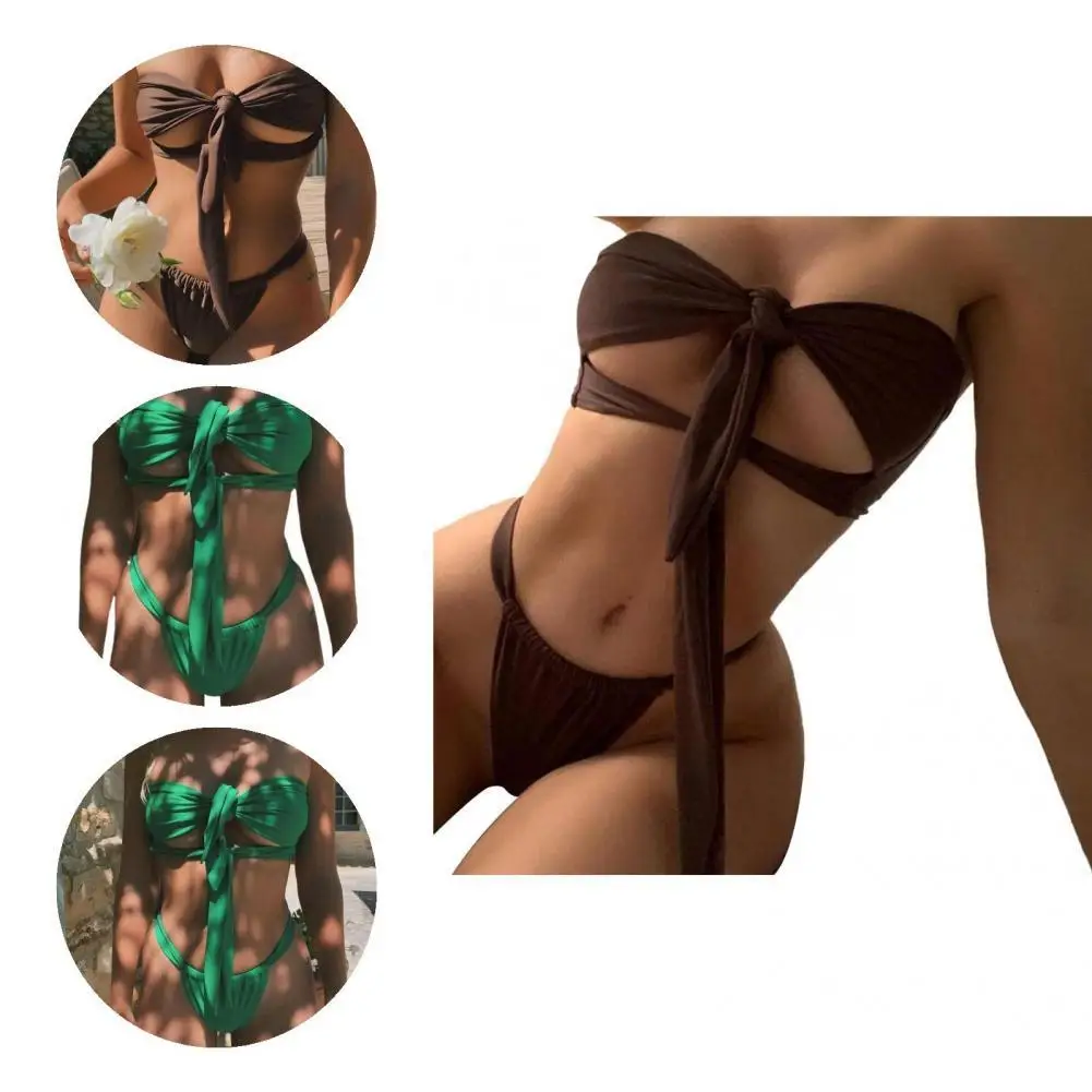 

2 Pcs/Set Chic Women Bikini Shoulderless G-string Swimwear Set Soft Summer Bikini Set