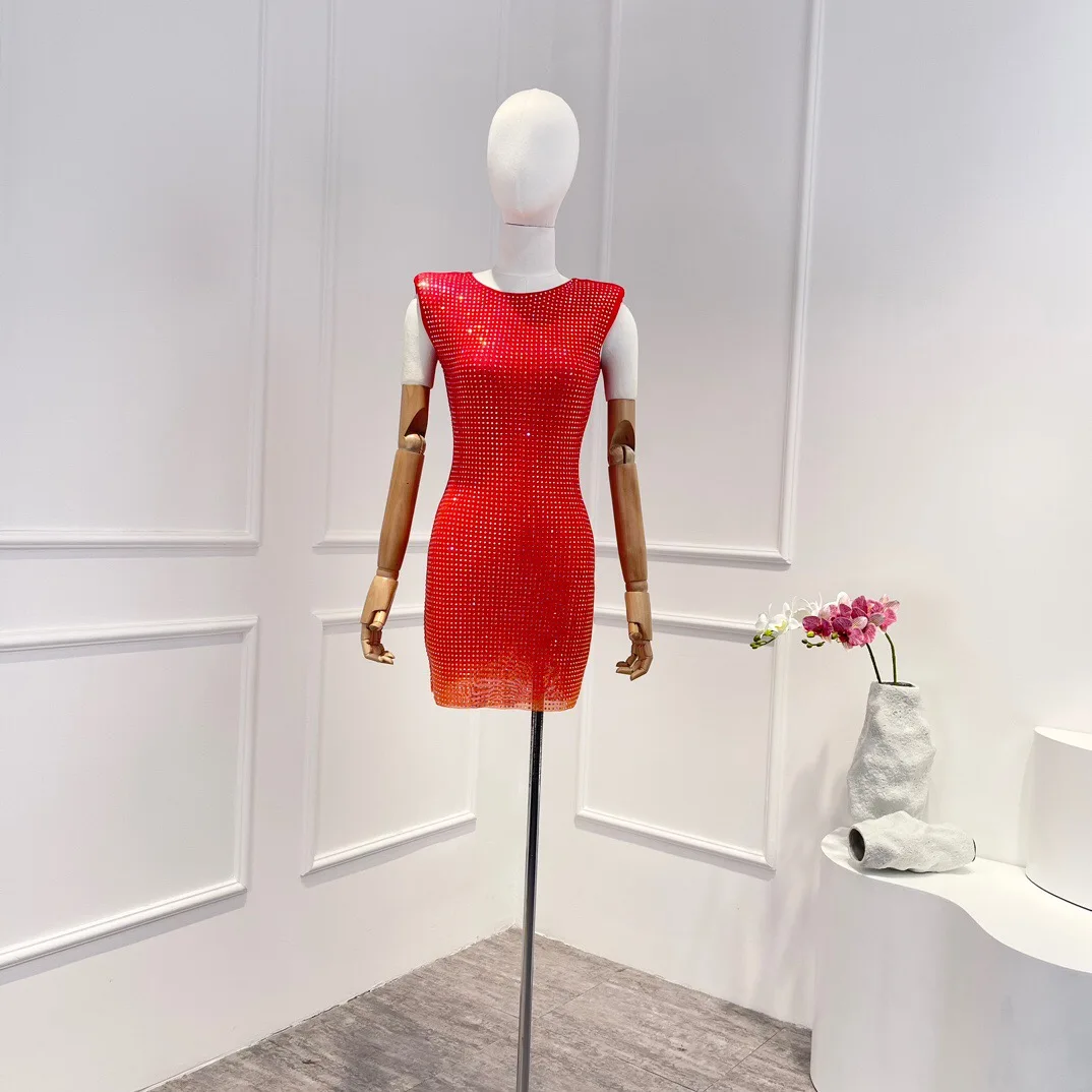 

Женское облегающее мини-платье без рукавов, однотонное красное платье-футляр выше колена с бриллиантами, лето 2023