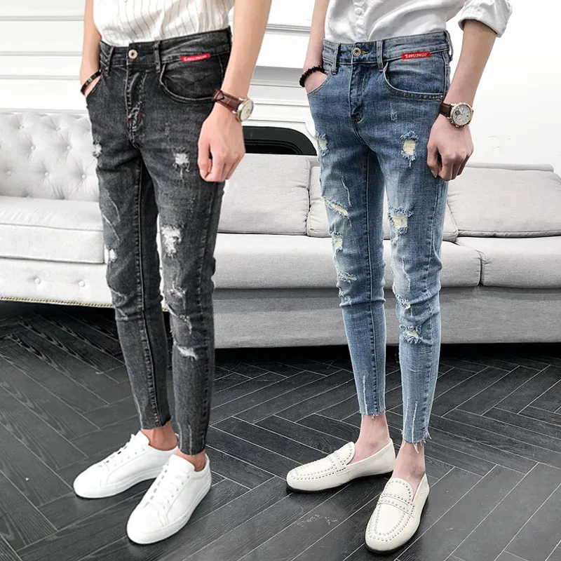 Весна Осень 2022 тонкие джинсы для подростков мужские брюки корейские рваные
