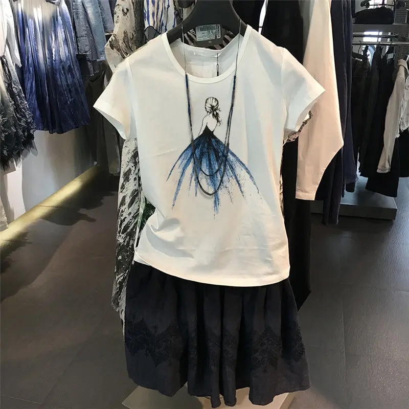 

Cotton Printed Women White T-Shirts Summer New Design 2022 O-Neck Short-Sleeved Slim Casual All Match Female Pulls Tops Tees