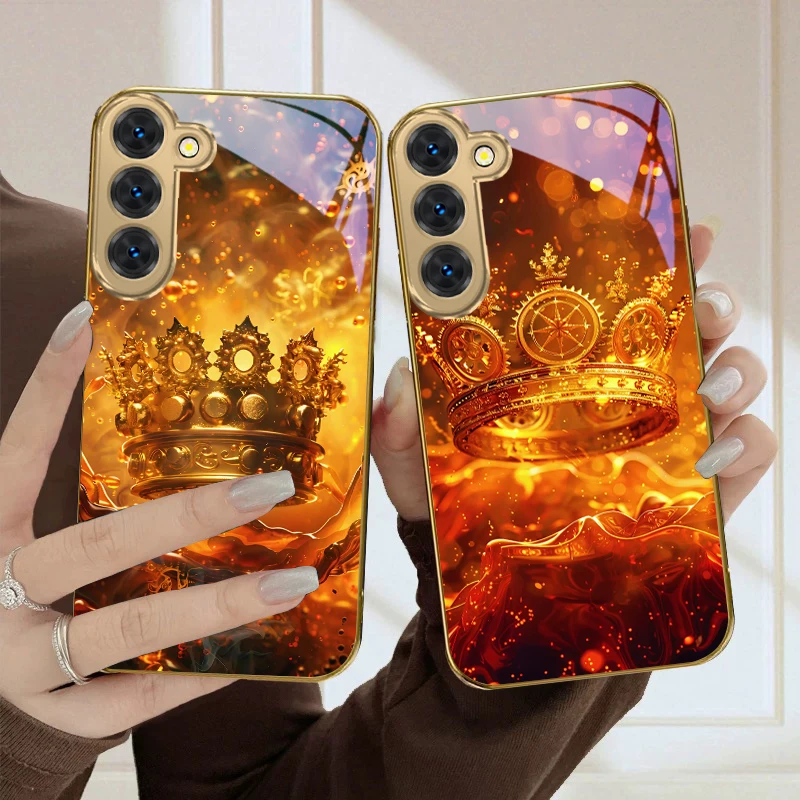 Фото Ослепительно яркий чехол-корона для Samsung Galaxy S26 S20 FE 21 22 Ultra 23 Plus 24 Ultra 25Ultra S21+ 22Plus, золотой стеклянный чехол для телефона №1