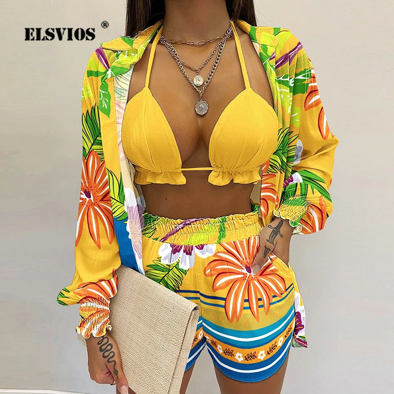 

New Summer Women 3 Piece Set Elegant V-neck Top With Coat And Shorts Suit 2022 Ladies Fashion Solid Printed Three-piece Suit 3XL