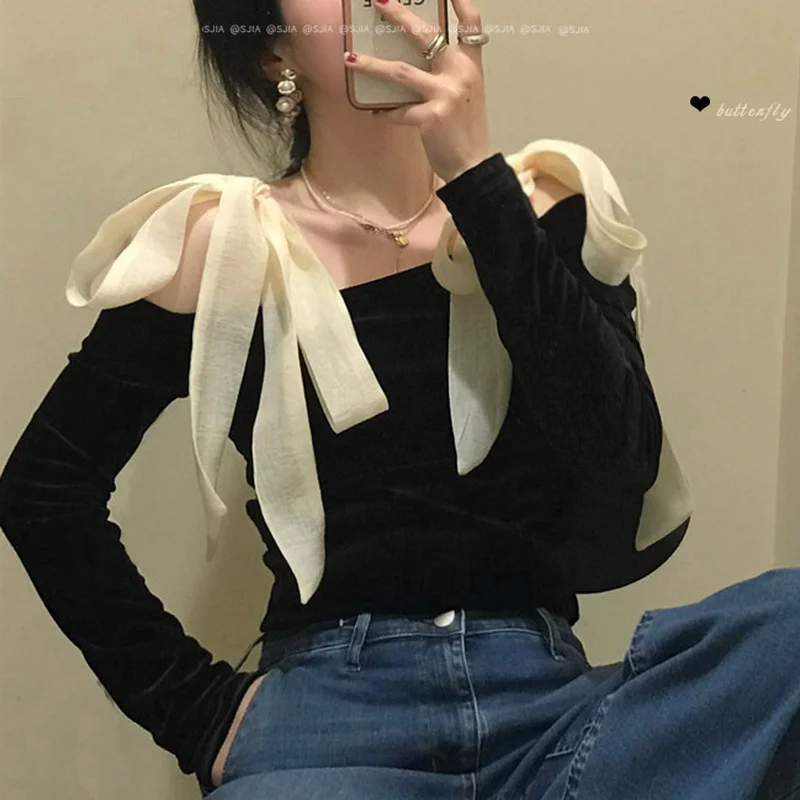 Lace Black Velvet T-shirt Women Slash Neck Sexy Temperament Fashion Chic Korean Style Slim Long-sleeved Clothing T-shirt 2021