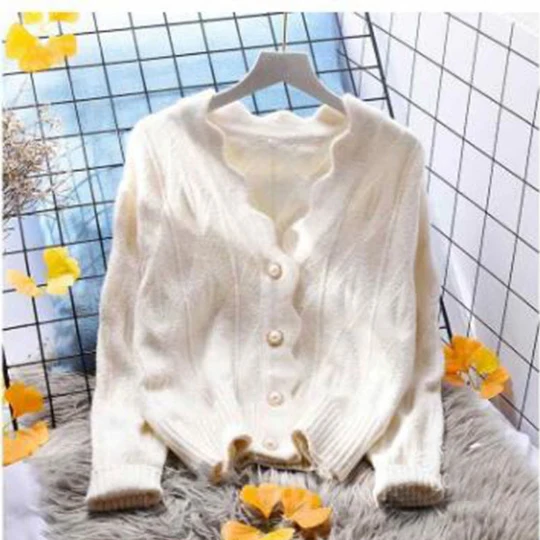

White Women Knitted Cardigans Sweater Fashion Autumn Long Sleeve Loose Coat Casual Cloth Button Thick V Neck Solid Tops Clothes