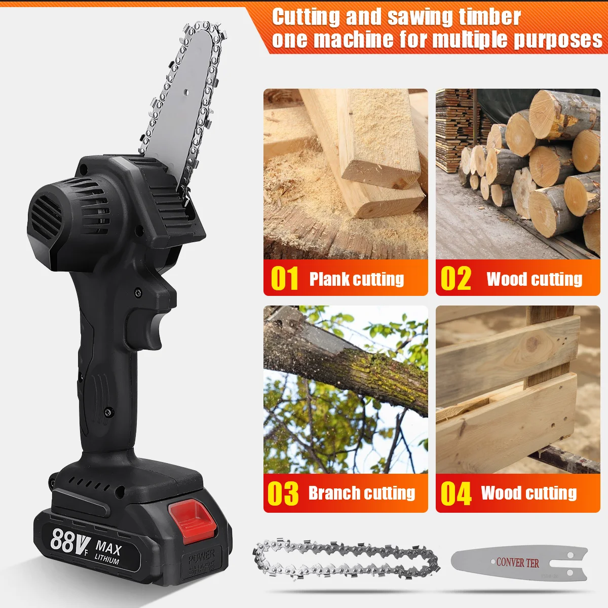 

Mini Chainsaw 4inch Cordless Electric Pruning Chain Saw One-Hand Rechargeable Chainsaw for Branch Wood Cutting Trimming Garden