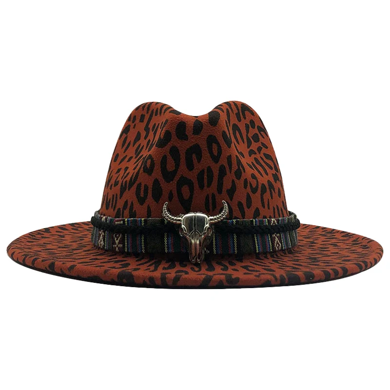 Шляпа Федора унисекс шерстяная шляпа с плоскими полями леопардовым принтом