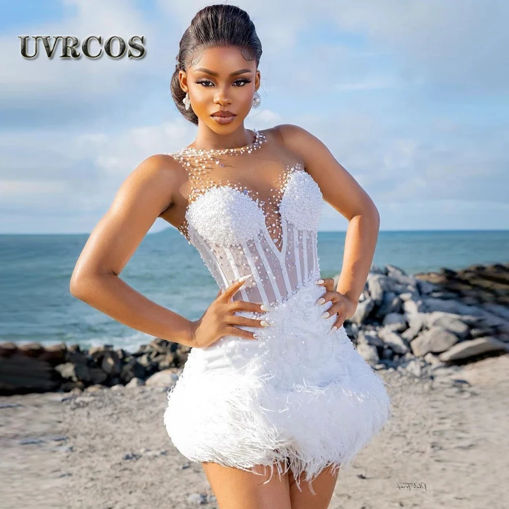 

UVRCOS White Gala Feather Evening Dresses Prom Women Pearls Graduation Party Saudi Arabric Personlised Robes De Soirée Celebrity