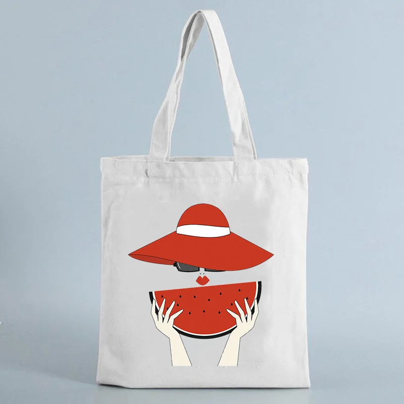 

Foldable Shopping Bag Lady Grocery Totes Bags Hat watermelon Print Handbag Cartoon Reusable Large Capacity Shopper Bags Women