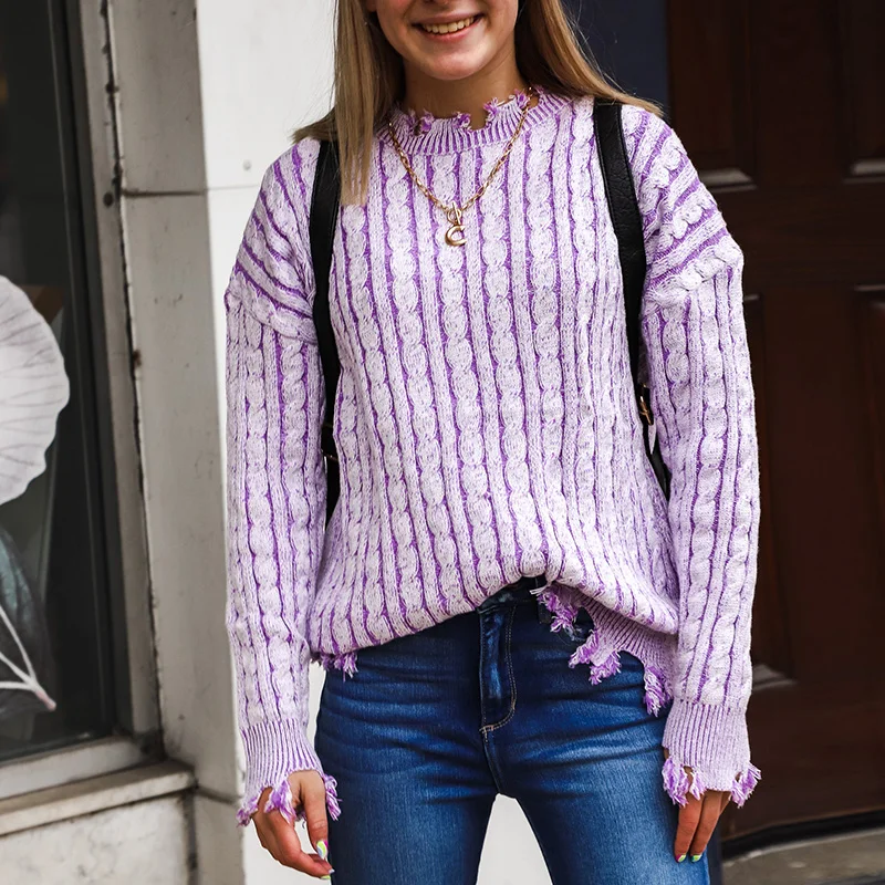 

Women Retro Striped Print Knitted Sweater Spring O Neck Tassel Office Top Pullover 2022 Autumn Long Sleeve Loose Sweaters Jumper
