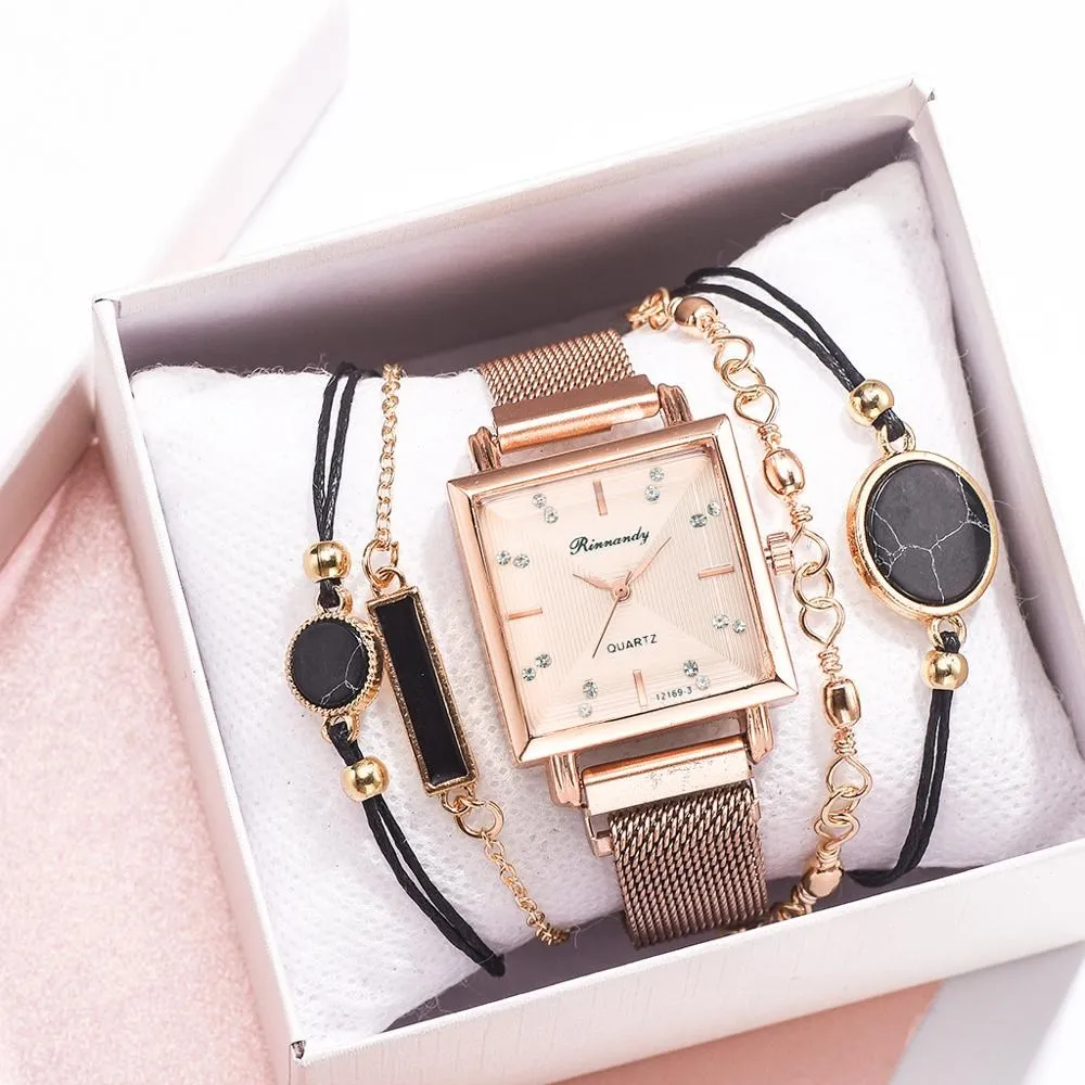 

5pcs New Style Women Watch Set Magnet Rhinestone Square Watch Ladies Dress Quartz Wristwatch Bracelet black Clock relogio