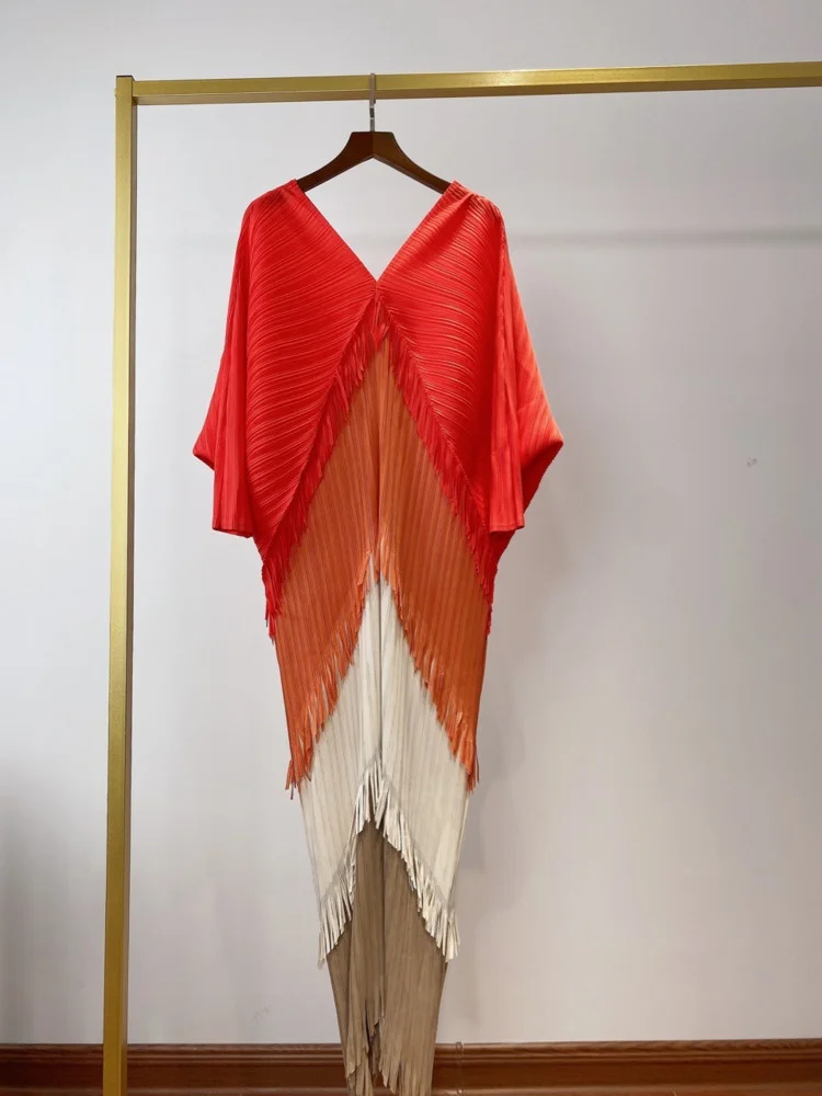 

Pleated TVVOVVIN Color Dress Woman Block Tassel Batwing V Collar Sleeve Casual Style Loose Long Dresses 2023 Autumn Fashion ZK9W