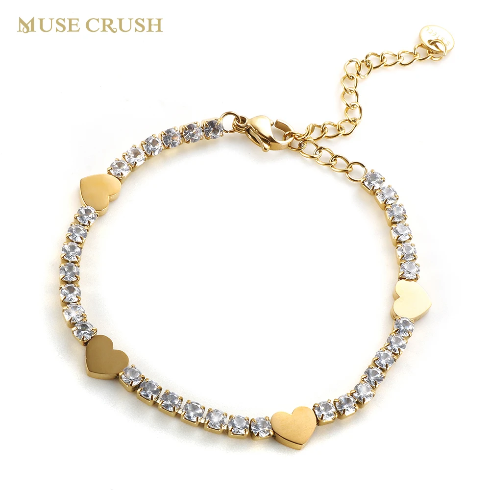 

Muse Crush Luxury 3mm Cubic Zirconia Tennis Bracelets Stainless Steel Romantic Love Heart Charm Bracelet for Women Wedding Gift