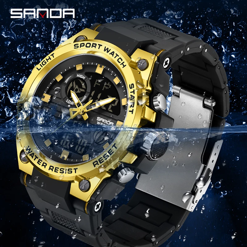 

2023 Sports Military Men's Watches Dual Display Analog Digital Quartz SANDA 9011 Wristwatches 50M Waterproof Relogios Masculino
