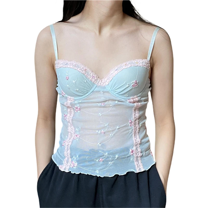 

y2k Cami Top Women Sheer Lace Frill Camisole Spaghetti Straps Lace Patchwork Embroidery Floral See Through Tanks Streetwear