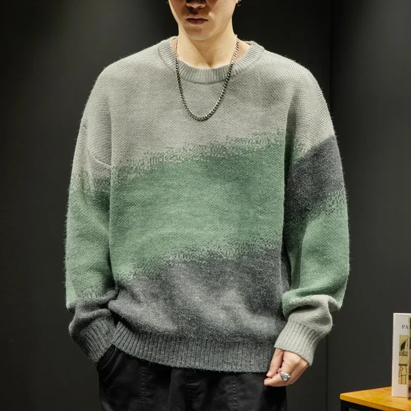 Вязаный свитер в американском стиле с градиентом круглым вырезом мужской