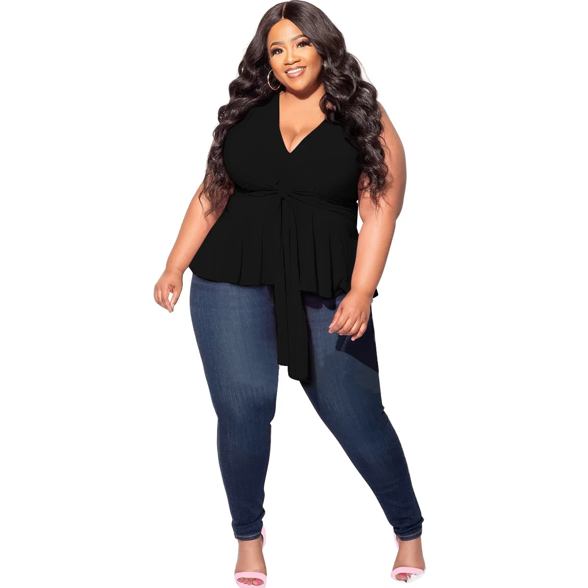 Plusee Women T-shirt Plus Size Solid Colour V-neck Sleeveless Lace-up Fashion Summer T-shirt Short Sleeve Casual Office Lady Top