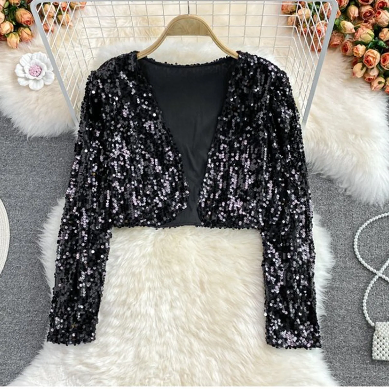 

Women's Short Sparkling Cardigan Jacket With High Waist Slimming Fit And Casual Long Sleeves Womens Zip up Jacket