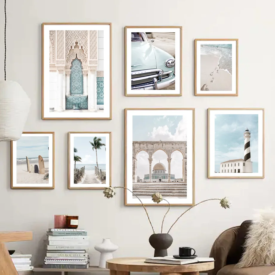 

Настенная картина Aqsa с изображением мечети, пляжа, стула, грибов, перьев, постеры и принты на холсте в скандинавском стиле, настенные картины для декора гостиной