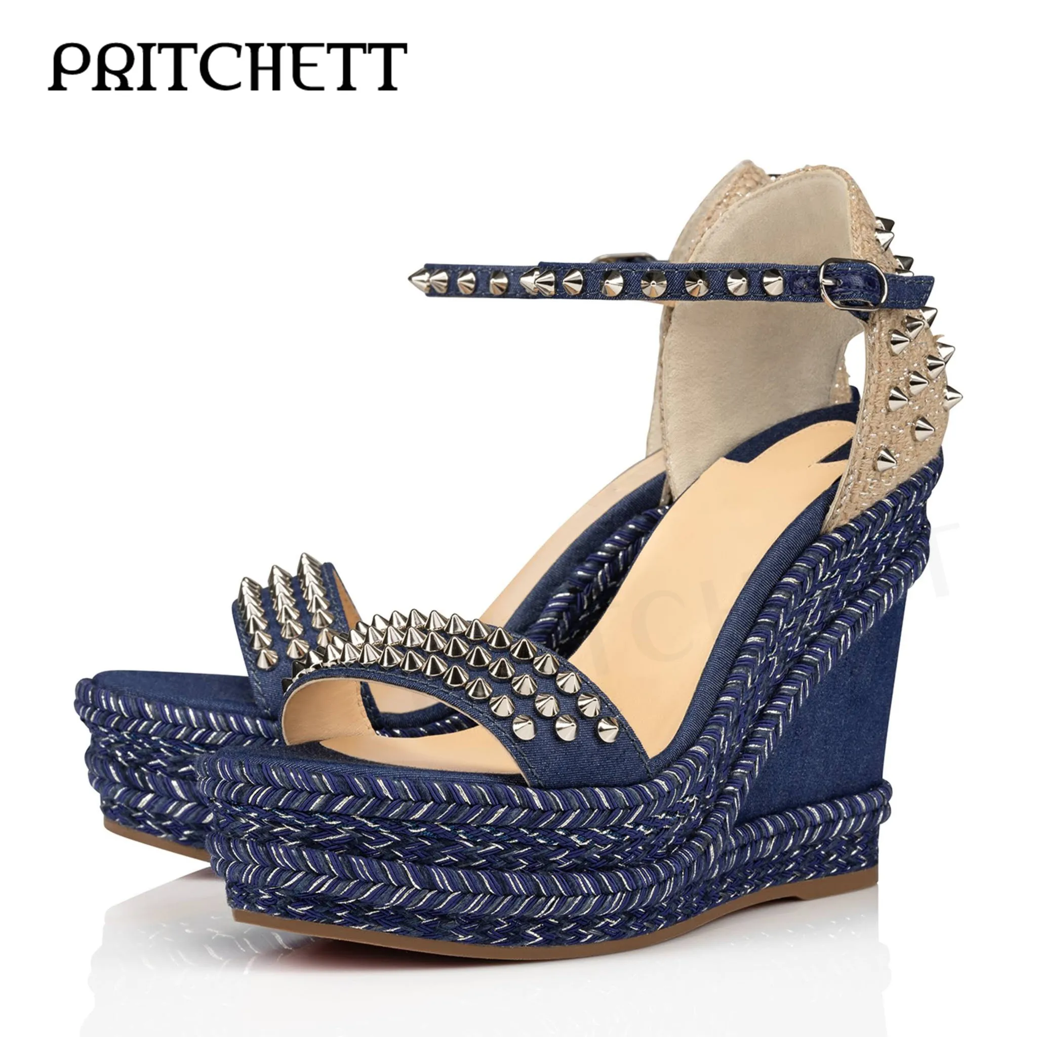 Blue Denim Woven Wedge Sandals Fashion Rivet Strap Open Toe High Heel Sandals Ankle Buckle Fashion Party Shoes for Women