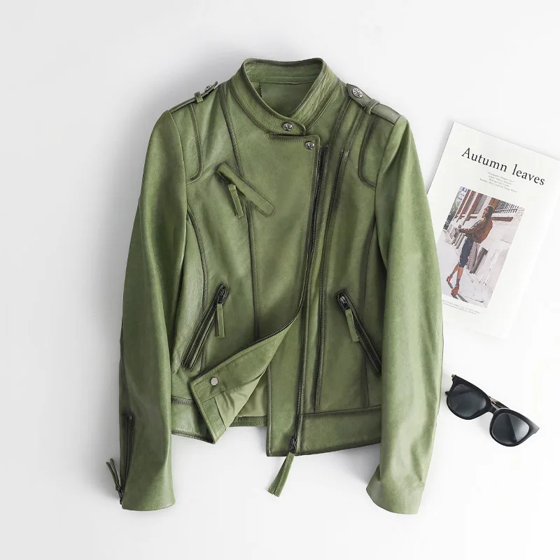 Real Sheepskin Leather Jackets Fashion Green Genuine Leather Jacket Women Korean Fashion Short Leather Coat Roupas Feminina Lq