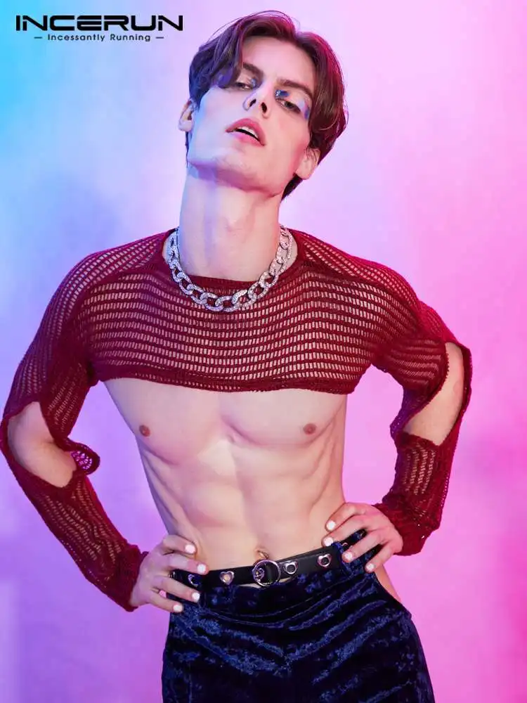 Футболка INCERUN Мужская сетчатая прозрачная уличная одежда с круглым вырезом и