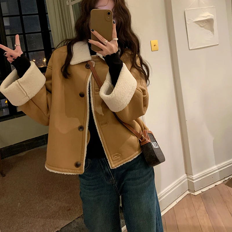Vintage Women's Lamb Wool Coat Loose Fashion Ladies Harajuku PU Biker Jacket Street Long Sleeve Winter Warm Fur Outerwear 2022