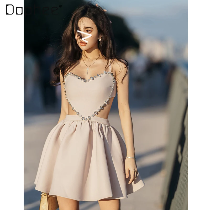 

Luxury Socialite Rhinestome Beaded Sleeveless Suspender Dresses Woman Summer Temperament Slim Backless Dress for Birthday Party