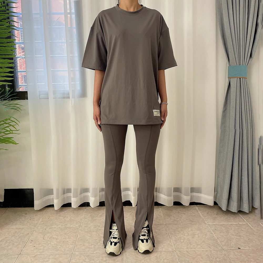 

TGM Women’s Soft Basic T Shirt Women + Flared Split Leggings Oversized Casual Solid Tee Female Two Piece Sets Workout Clothes