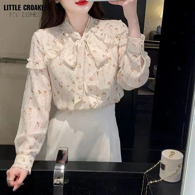 

Harajuku Fashion Women's Tops Autumn New Fashion Bowknot Long Sleeve Chiffon Shirt Women Oversized Blouses Hippie Clothes