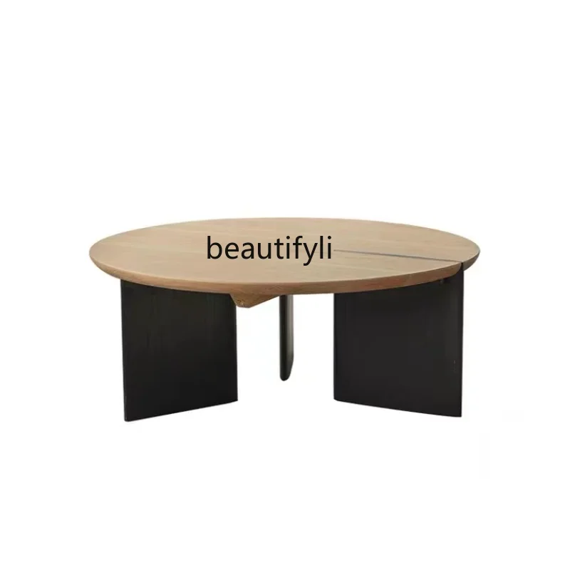 

zq Nordic and Japanese Style Silent Wind Log round Tea Table Combination Side Table Living Room Solid Wood Size round Tea Table