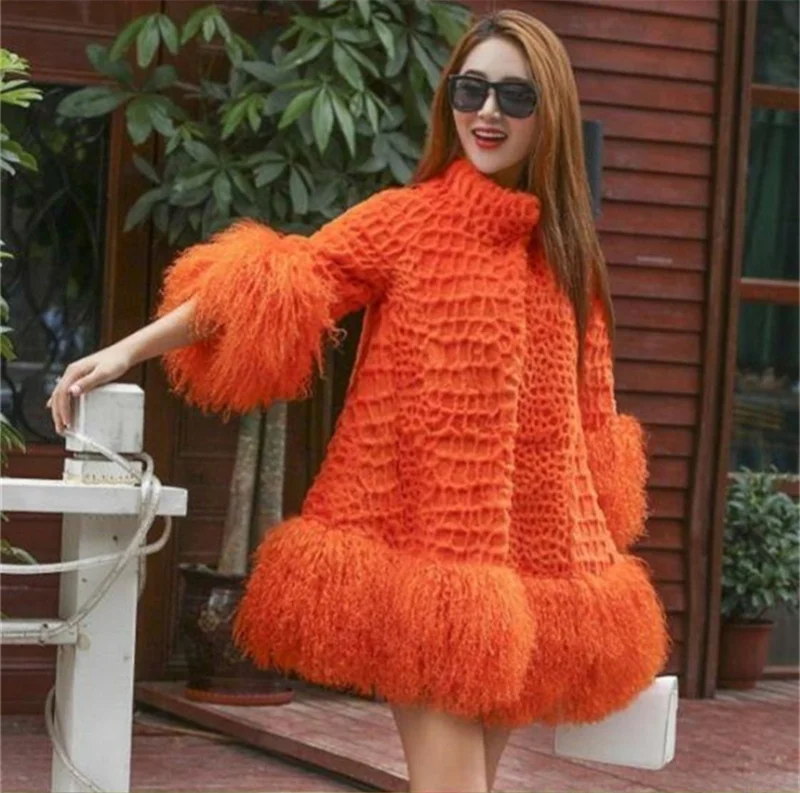 Женская модная шуба из натурального кроличьего меха с рукавами овечьего