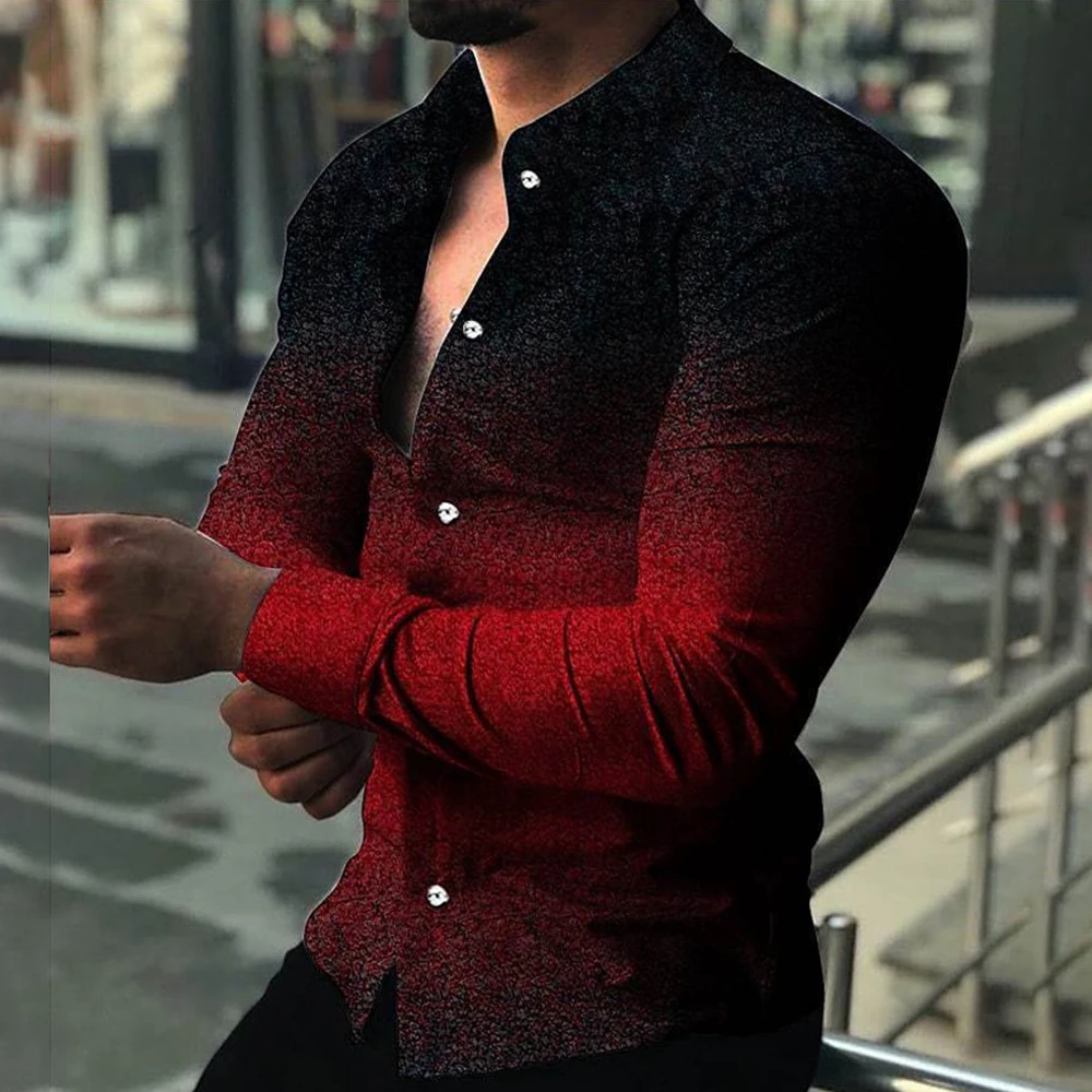 

Gradient Shirt Cardigan Casual Fashion Lapel Long Sleeve Muscle M~3XL Polyester Printing Slim Fit High Quality