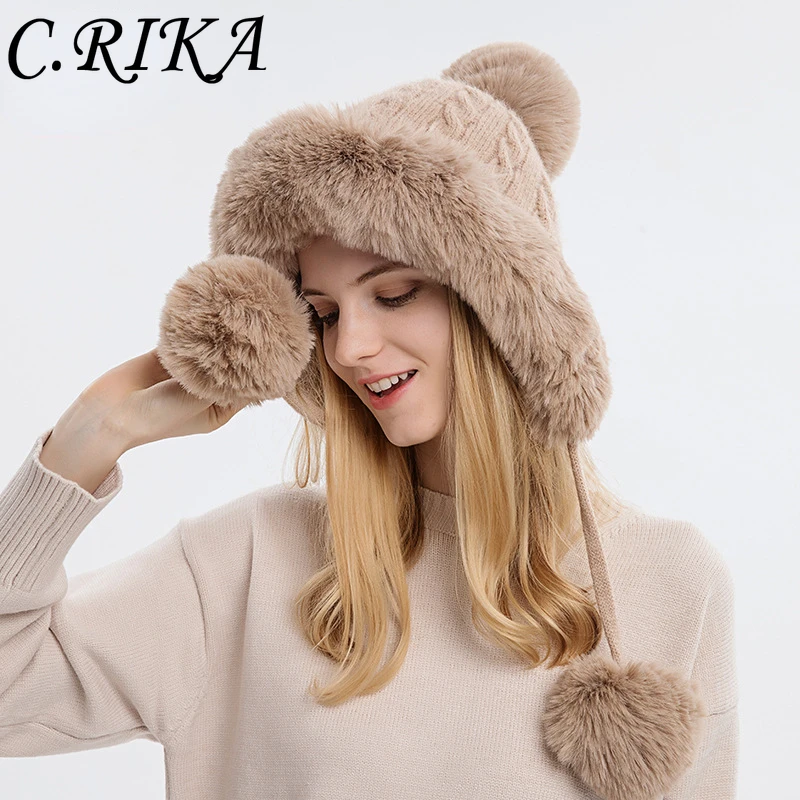

Winter Warm Knitted Hat Fur Women Beanies Hat with Earflap Two Balls Lady Outdoor Thicken Plush Fluffy Skullies Cap Russian Hats