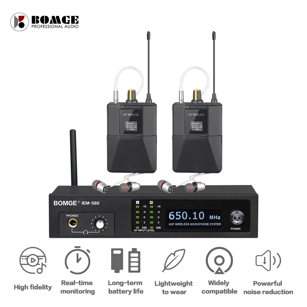 Беспроводная система ушного мониторинга BOMGE IEM-580 UHF профессиональная 2-канальная