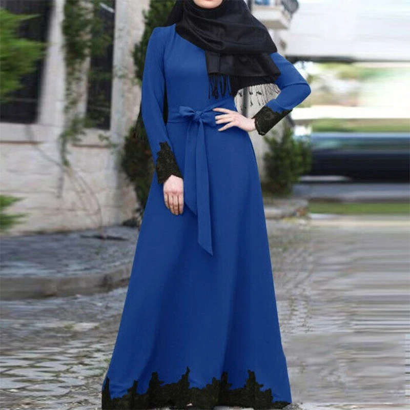 2022 Ramadan Black Lace Stitching Abayas Belt Modest Abayas for Female Middle Eastern Style African Women's Elegant Dress