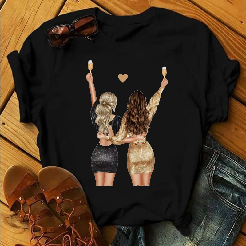 

Girls Tee Summer New Fashion Short Sleeve Women T-shirt Best Friends Graphic Printed Black Tshirts Ladies Harajuku Casual Tops