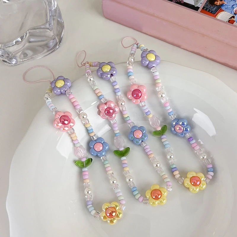 

Women New Sweet and Colorful Tulip Shape Hanging Cord Cute Flower Beaded Mobile Phone Chain Accessories