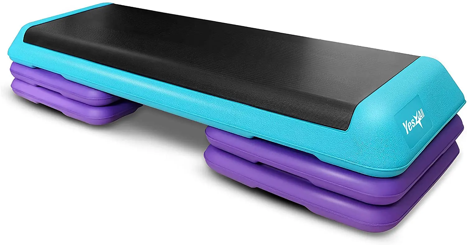 

Adjustable Aerobic Step Platform, 40 in x 16 in with 4 Risers, Teal, and Purple