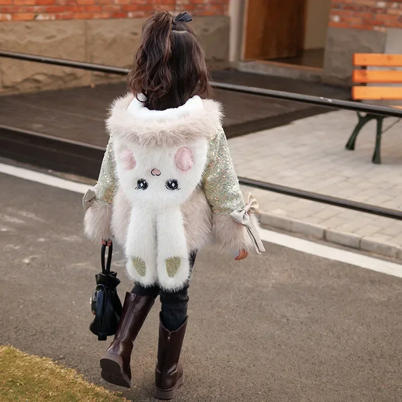 Зимнее пальто для девочек модное плюшевое из искусственного меха с кроличьими