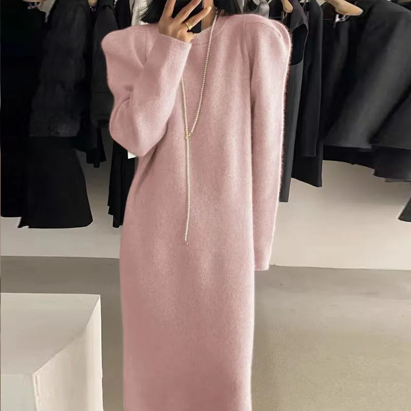 Вязаный свитер однотонное платье средней длины пуловер выше колена вязаный