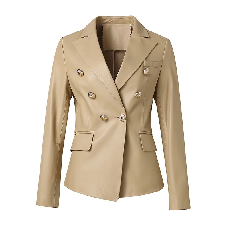 2022 Winter Lady Leather Jackets Genuine Sheepskin Blazer Suit Double-Breasted Fashion Short Coats Outwear FG9074