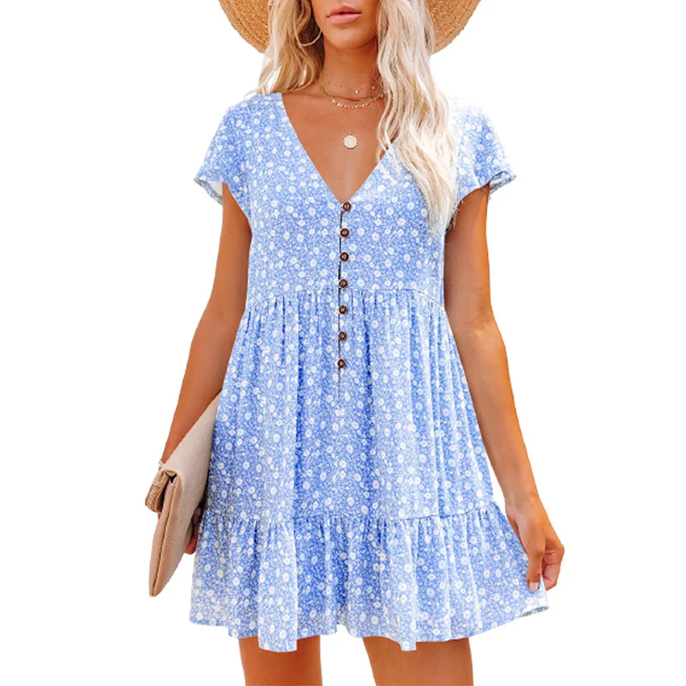 

2022 European and American Spring and Summer New V-collar Button Small Floral Short Sleeve Loose Casual Dress