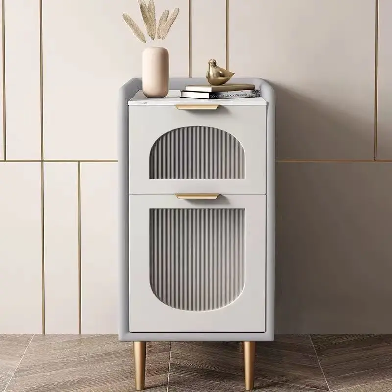 

Italian Luxury Leather Slate Solid Wood Bedside Table Modern Minimalist Small Mini Ultra-Narrow Bedside Cabinet Furniture HY