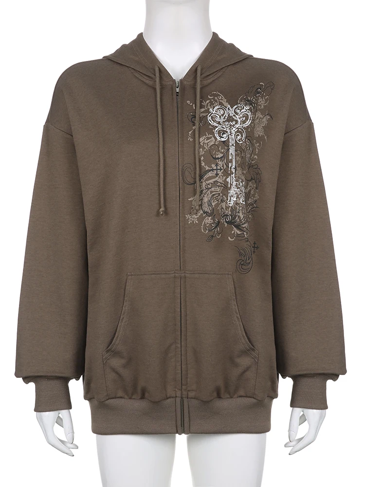 

2022 Vintage Bruin Grafische Print Zip Up Hoodies Preppy Stijl Sweatshirts Steek Lange Mouw Casual 2022 Herfst Vrouwen Outfits