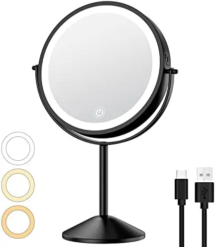 

Lighted Makeup Mirror - Rechargeable Double Sided 1X/10X LED Magnifying Vanity Mirror with 3 Color Lights & Stepless Dimming